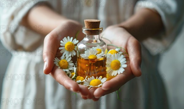 Hands holding bottle of chamomile essential oil, organic cosmetic, beauty in nature, closeup view AI generated