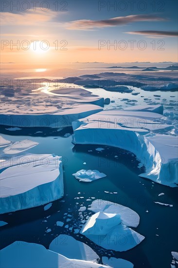 Antarctic ice shelf stretching to the horizon juxtaposed by towering icebergs, AI generated