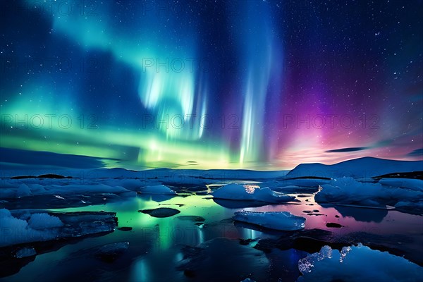 Aurora borealis casting its vibrant show over a sprawling ice field, AI generated