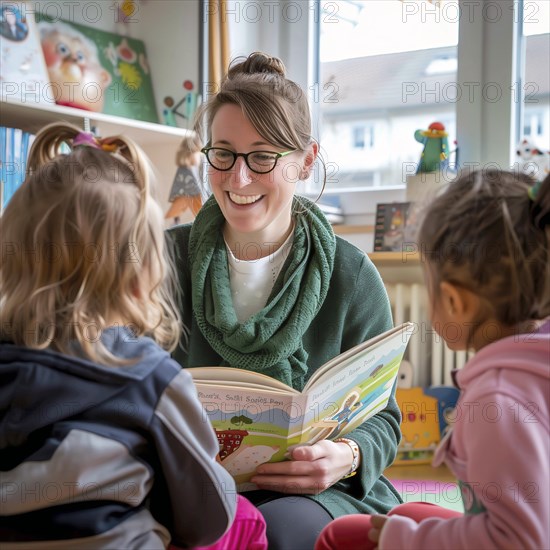 Enthusiastic children listen to a woman reading a book to them, AI generated