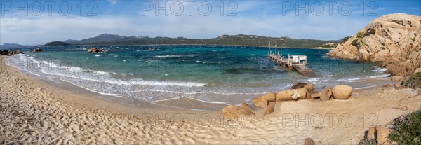 Rock formations, jetty leading into the sea, panoramic shot, Capriccioli beach, Costa Smeralda, Sardinia, Italy, Europe