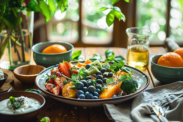 A refreshing fruit salad with fresh berries, kiwi, and citrus on a wooden background, AI generated