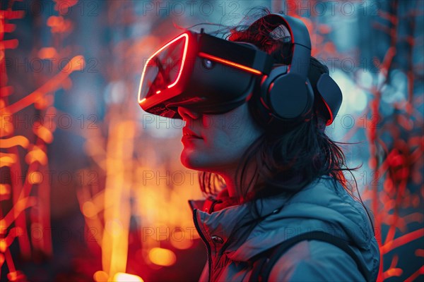 A woman with a VR headset is lit by red and blue lights, creating a tech-savvy atmosphere, AI generated