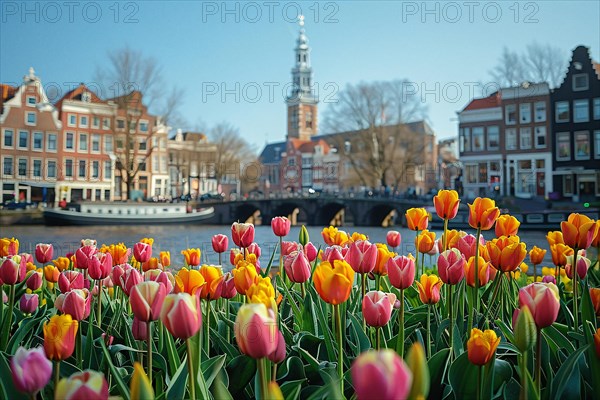 Picturesque view of Amsterdam canal surrounded by orange tulips and historical architecture, AI generated