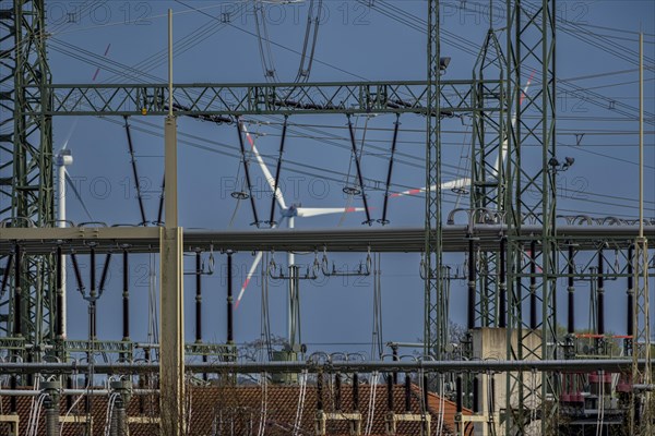 Stendal West substation with wind turbines in the background near Luederitz, Stendal, Saxony-Anhalt, Germany, Europe