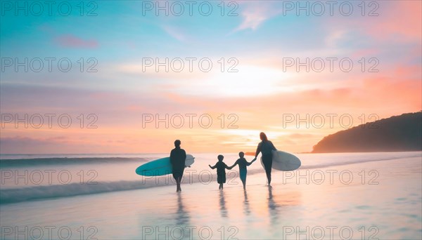 Silhouetted family carrying surfboards on a tranquil beach as the sun sets with beautiful pastel colors, AI generated