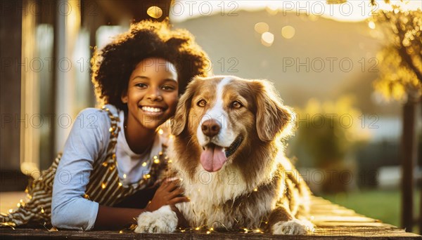 A young girl is laying on a wooden deck with a brown and white dog. The girl is smiling and the dog is wagging its tail. The scene is warm and inviting, with the girl AI generated