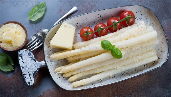 Serving platter with white asparagus, melted butter, tomatoes and a block of cheese, cooked white asparagus sprinkled with parmesan, KI generiert, AI generated