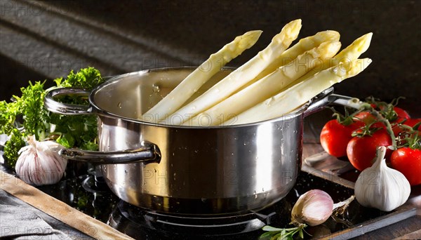 Fresh asparagus in a cooking pot next to tomatoes and garlic, fresh white asparagus in a cooking pot, KI generated, AI generated