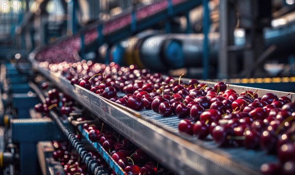 Ripe cherries being sorted and packaged in a bustling fruit processing facility AI generated