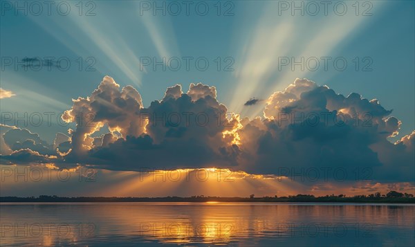 The sun peeking through a fluffy cumulus clouds, clouds reflected in water surface, sunset on the lake AI generated