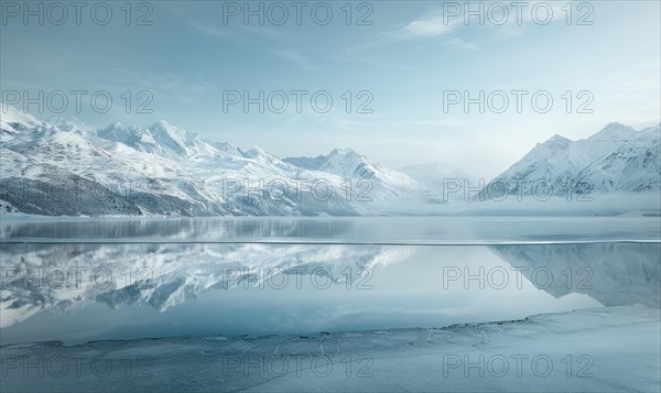 A frozen lake in the depths of winter, surrounded by snow-capped mountains AI generated