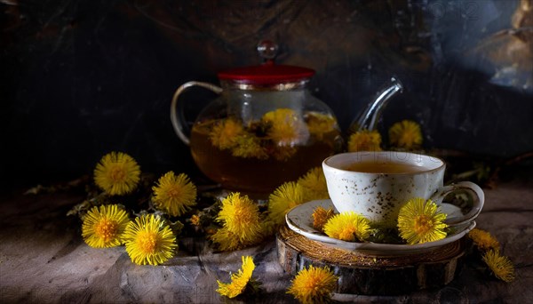 Atmospheric depiction of tea time with coltsfoot flowers, cup and teapot, coltsfoot tea, medicinal plant coltsfoot, Tussilago farfara, AI generated, AI generated