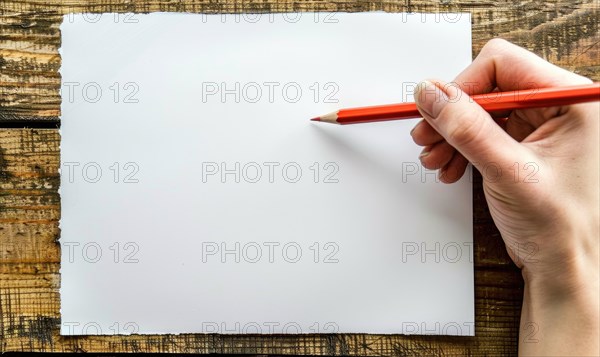 A hand holding a graphite pencil poised over a blank sheet of white paper AI generated