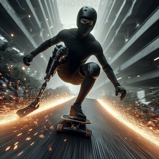 A person with a prosthetic leg skateboarding at high speed with sparks flying around, AI generated