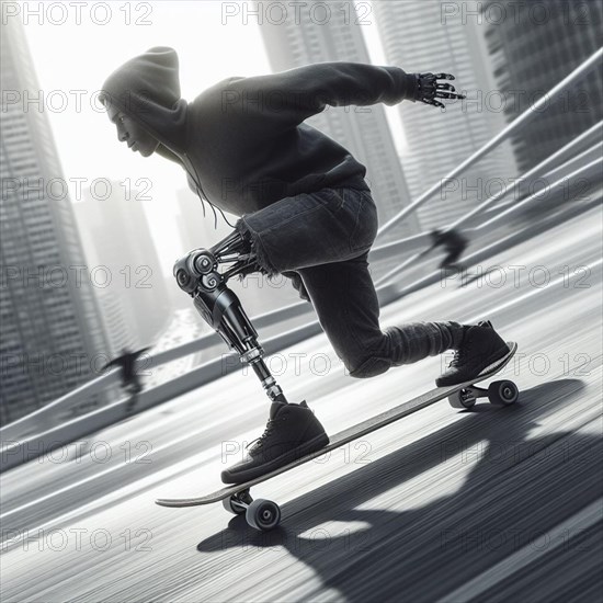 Dynamic shot of a grungy person with prosthetic leg in hoodie skateboarding in an urban setting, AI generated