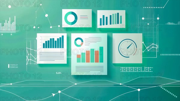 Turquoise and green digital infographics with various types of charts and data visualization, ai generated, AI generated