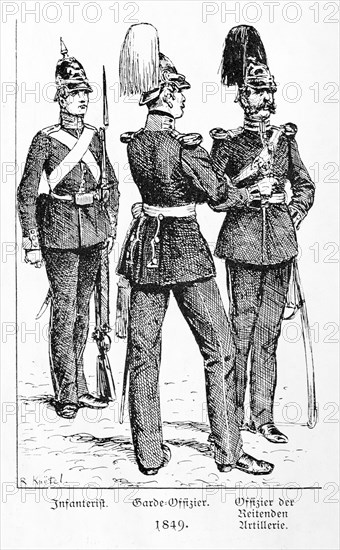 Three men in military dress, uniforms from 1849, infantryman, officer of the guard and officer of the mounted artillery, depicted in a historical black and white illustration, from 'Zur Erinnerung an die Koeniglich Hannoversche Armee und ihre Stammtruppen', commemorative sheet for the celebration of 19 December 1903, Meisenbach, Riffarth & Co., Germany, Europe