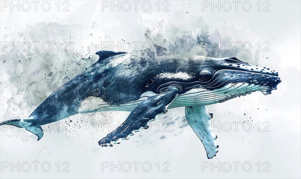 Watercolor illustration of a humpback whale in the ocean AI generated