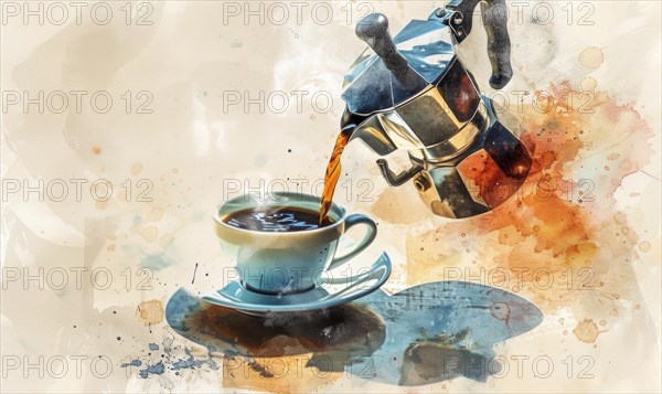 Watercolor illustration of a vintage coffee pot pouring coffee into a cup AI generated