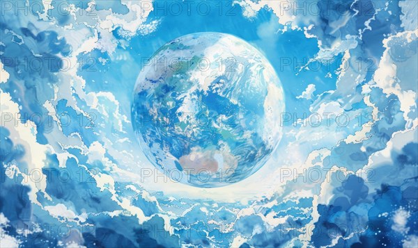 Watercolor illustration of the Earth globe with fluffy clouds against a clear blue sky AI generated