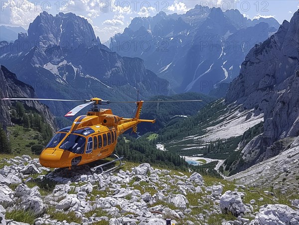 Gelber Hubschrauber vor einer dramatischen Bergkulisse mit blauem Himmel und Wolken, Rettungshubschrauber im Einsatz, AI generiert, AI generated