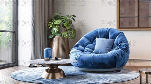 Vibrant modern corner with a blue round chair, side table, and plants, ai generated, AI generated