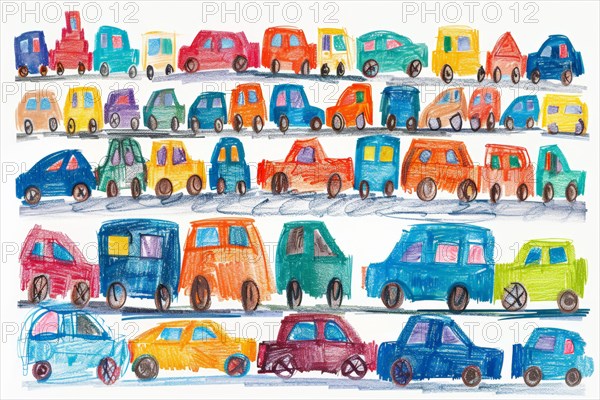 Cars standing in a traffic jam, drawing with coloured pencils by a child of preschool age, primary school age, AI generated, AI generated, AI generated
