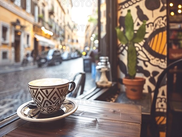 A patterned coffee cup on a cafe table with unique cactus wall art and urban street in the background, coffee shop, Rome, Italy, AI generated, Europe