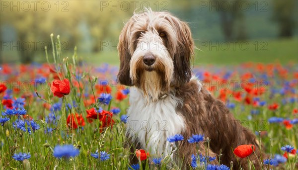 Ai generated, animal, animals, mammal, mammals, a, single animal, bobtail, (Canis lupus familiaris), dog, dogs, bitch, dog breed from England, a single animal, flower meadow