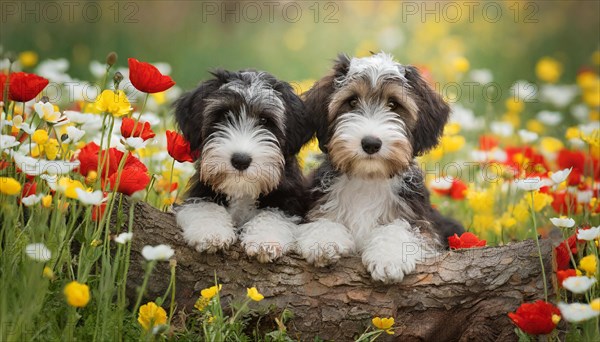 KI generated, animal, animals, mammal, mammals, bobtail, (Canis lupus familiaris), dog, dogs, bitch, dog breed from England, two puppies, flower meadow