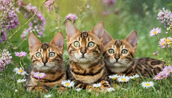 KI generated, animal, animals, mammal, mammals, cat, felidae (Felis catus), a cat and two kittens are lying in a meadow and resting