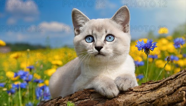 KI generated, animal, animals, mammal, mammals, cat, felidae (Felis catus), a kitten resting in a meadow on a tree trunk