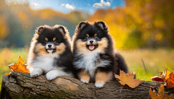 KI generated, animal, animals, mammal, mammals, one, single animal, dwarf spitz, Spitz, (Canis lupus familiaris), dog, dogs, bitch, Pomeranians, two colourful puppies lying on a tree trunk, autumn