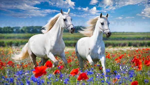 KI generated, A horse, horses, Arabian, in front of a blue sky, thoroughbred Arabian, AV, Arabian thoroughbred, (Eqqus ferus caballus), running in a meadow with colourful flowers