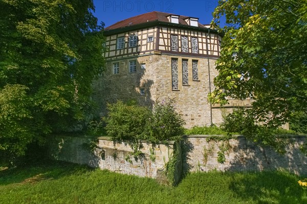 Moated castle Sachsenheim, castle Grosssachsenheim, former moated castle, architecture, historical building from the 15th century, half-timbered, meadow, lawn, facade, window, masonry, detailed view, Sachsenheim, district Ludwigsburg, Baden-Wuerttemberg, Germany, Europe