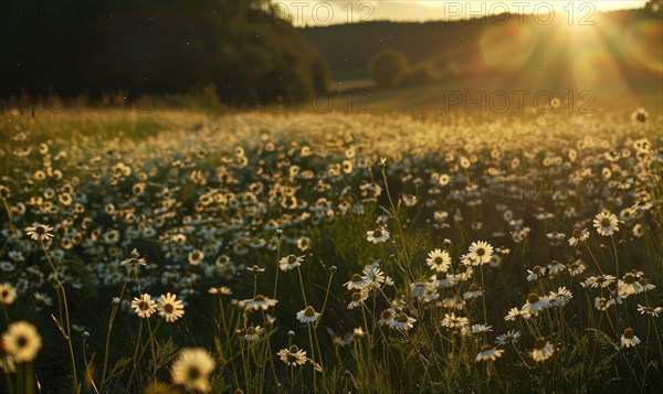 Chamomile field at golden hour, spring nature background AI generated