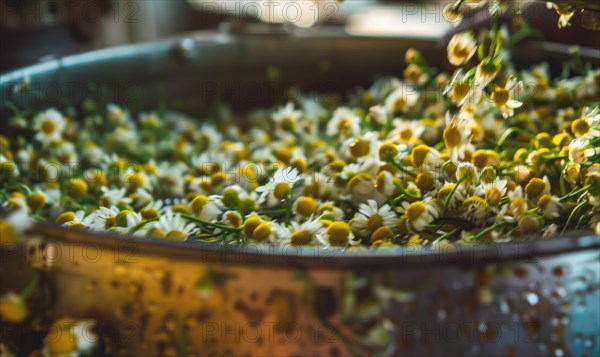 Close-up of chamomile flowers being distilled, nature beauty background AI generated