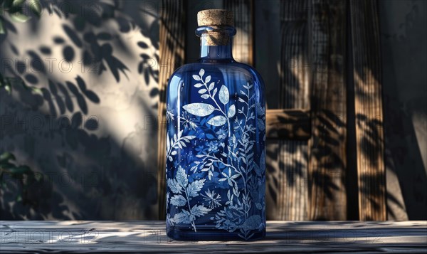 Cobalt blue glass bottle with botanical illustrations on background with textured shadow AI generated