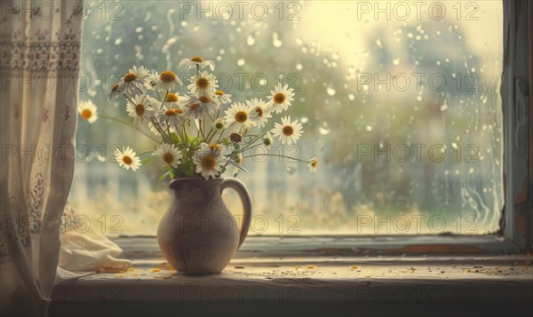 Daisies in a vintage vase on a windowsill AI generated