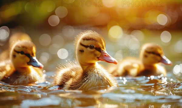 Ducklings swimming in a pond, close up view AI generated