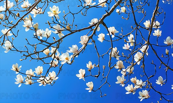 White magnolia tree branches laden with blossoms against a bright blue sky AI generated