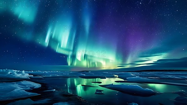 Aurora borealis casting its vibrant show over a sprawling ice field, AI generated