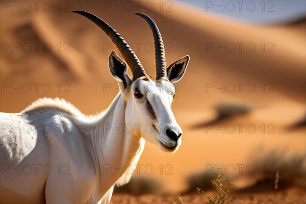 Arabian oryx with its long straight horns white coat shimmering in desert sun, AI generated