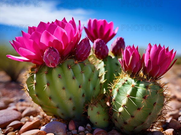 Prickly pear cactus blossoms in vibrant pink in the chihuahuan desert, AI generated