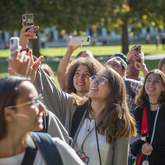 Many european students stand close together on a lawn and take selfies with their cell phones, photo quality Job ID: 17e150a3-52a2-4c65-be30-a12f9fd24c37, KI generiert, AI generated