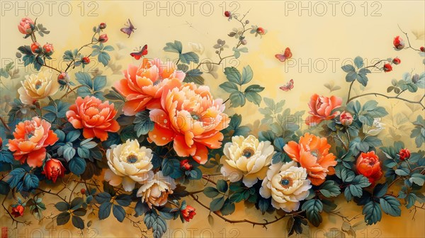 Vibrant illustration of orange flowers and butterflies with lush greenery on a warm backdrop, ai generated, AI generated
