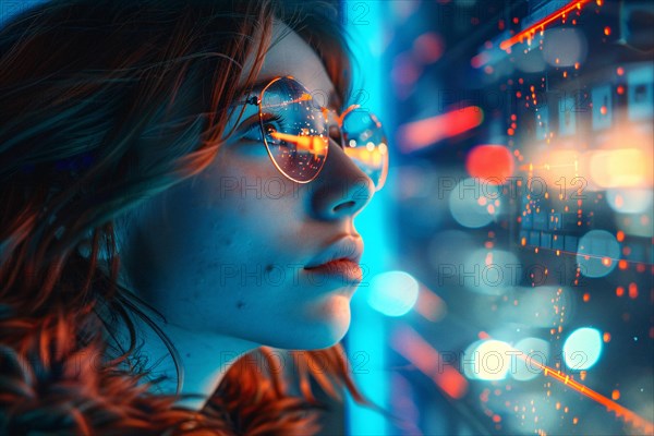 Woman in reflective glasses with neon blue light and bokeh, creating a futuristic look, AI generated