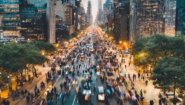 Bustling city street at night with glowing lights and busy traffic, rush hour commuting time, sunset, blurry cityscape, bokeh effect, AI generated