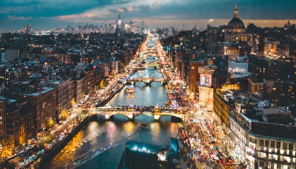 Evening view of a city with a river flowing through, lights reflecting off the water, rush hour commuting time, sunset, blurry cityscape, bokeh effect, AI generated